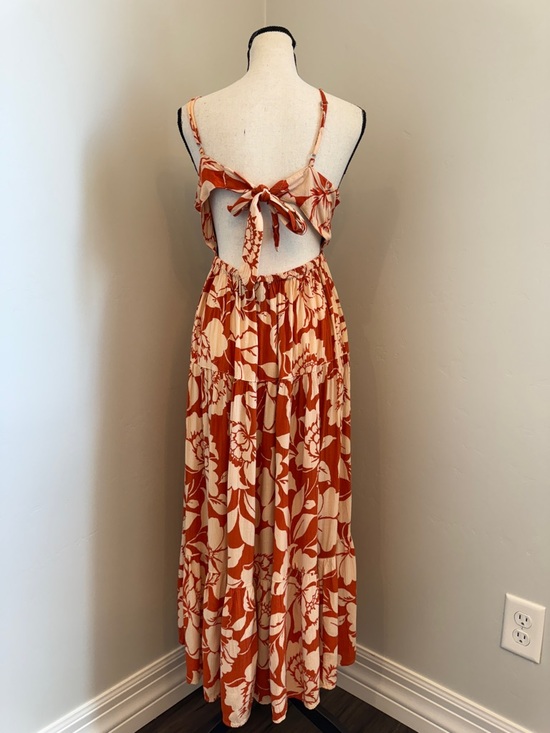 Angie Floral Maxi Dress Large Open Back Tie Boho Orange Cream Flowy Summer - Picture 4 of 5